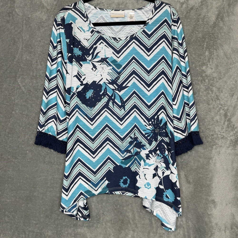 Alfred Dunner 2X Shirt Top Blue Striped Floral 3/4 Sleeve Scoop Neck Stretch